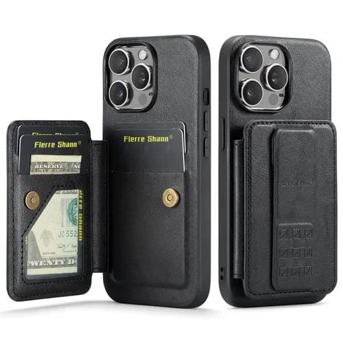 Funda para teléfono Fierre Shann iPhone 13 Pro Max Oil Wax con tarjetero de cuero de vaca (Negro)