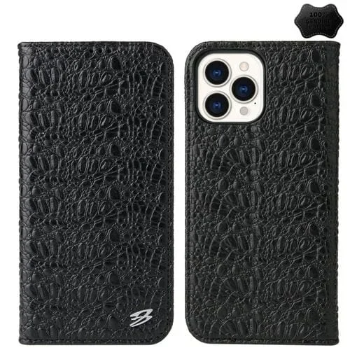 Funda para Teléfono Fierre Shann iPhone 15 Pro Cuero Genuino Magnético Textura Cocodrilo (Negro)