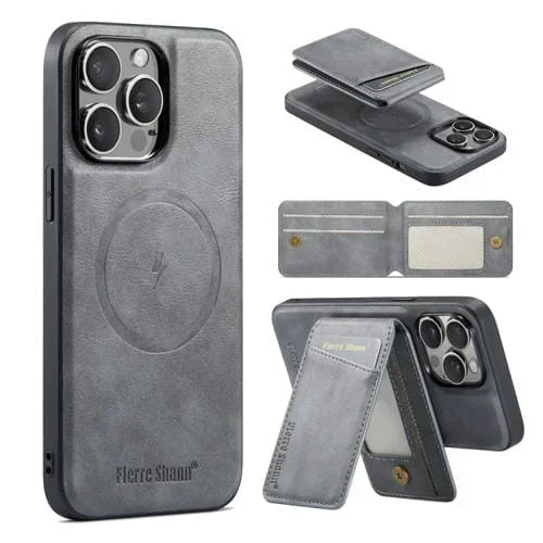Funda para Teléfono Fierre Shann iPhone 15 Pro Oil Wax con Tarjetero Magnético de Cuero de Vaca (Gris)