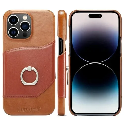 Funda para Teléfono Fierre Shann iPhone 15 Pro Oil Wax Texture Contraportada Cuero Genuino (Marrón)