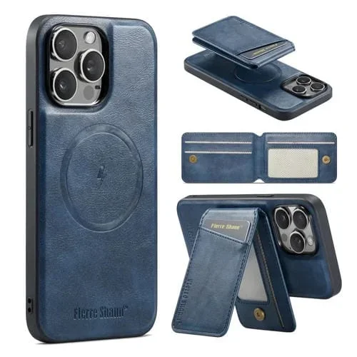 Funda para Teléfono Fierre Shann Oil Wax para iPhone 13 Pro con Tarjetero Magnético de Cuero de Vaca (Azul)