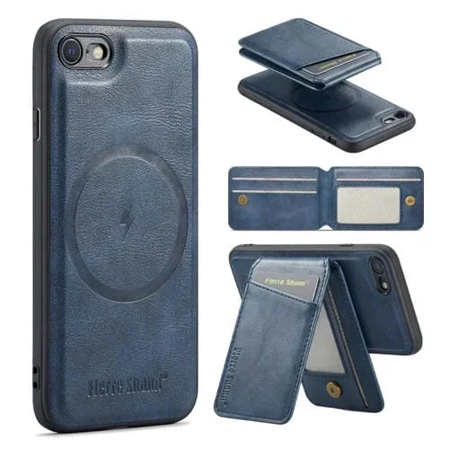 Funda para teléfono Fierre Shann Oil Wax para iPhone SE 2022/SE 2020/8/7 con tarjetero magnético de cuero de vaca (Azul)