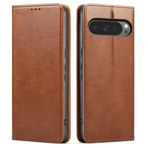 Funda para Teléfono Fierre Shann PU Cuero Genuino para Google Pixel 9 Pro XL (Marrón)