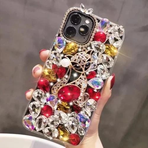 Funda para Teléfono Fox para iPhone 14 Pro Max Hecha a Mano con Diamantes de Imitación y Piedras Preciosas (Rojo)