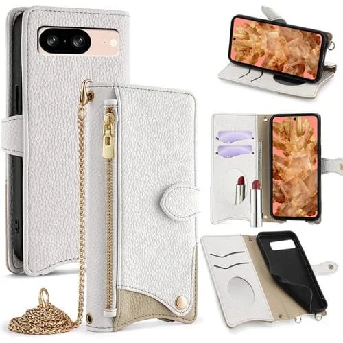 Funda para Teléfono Google Pixel 8 con Cadena Cruzada Piel de Lichi Forma Cola de Pez (Blanca)