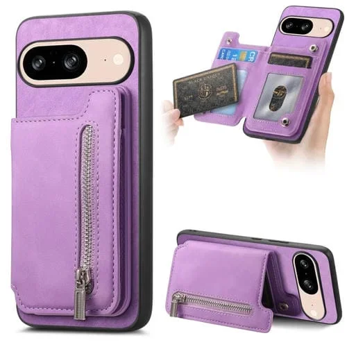 Funda para Teléfono Google Pixel 8 con Cremallera Magsafe, Tarjetero y Cartera (Morado)