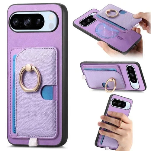 Funda para Teléfono Google Pixel 8 Pro con Ranuras para Tarjetas y Anillo de Cuero (Morado)