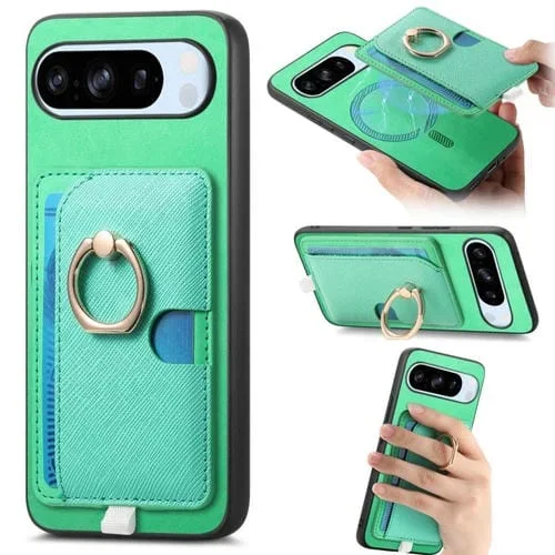 Funda para Teléfono Google Pixel 8 Pro con Ranuras para Tarjetas y Anillo de Cuero (Verde)