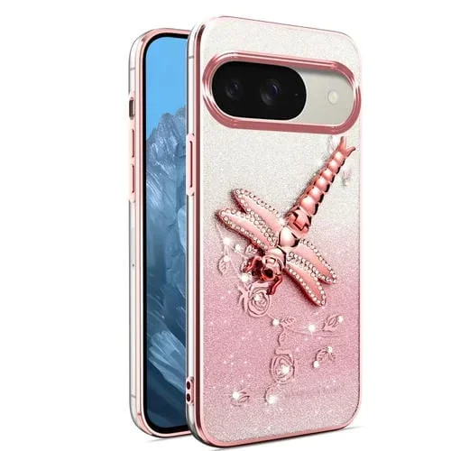 Funda para Teléfono Google Pixel 9 con Soporte Libélula 3D Purpurina Degradada (Rosa)