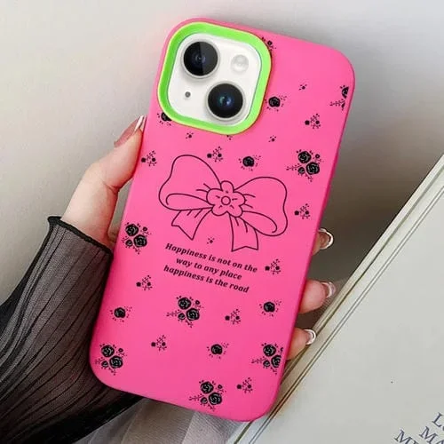 Funda para Teléfono híbrida TPU y PC para iPhone 13 con Lazo Floral (Rojo Rosa)