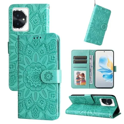 Funda para Teléfono Honor 100 de Cuero con Girasol en Relieve (Verde)