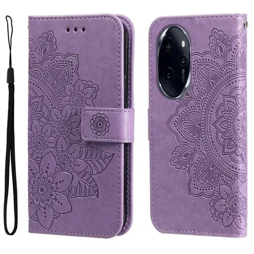 Funda para teléfono Honor 100 Pro cuero con estampado de flores 7 pétalos (Púrpura Claro)