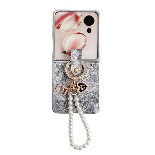 Funda para Teléfono Honor Magic V con Tapa Bordado Estilo Flip Cobertura Total Cadena y Anillo (Gris)