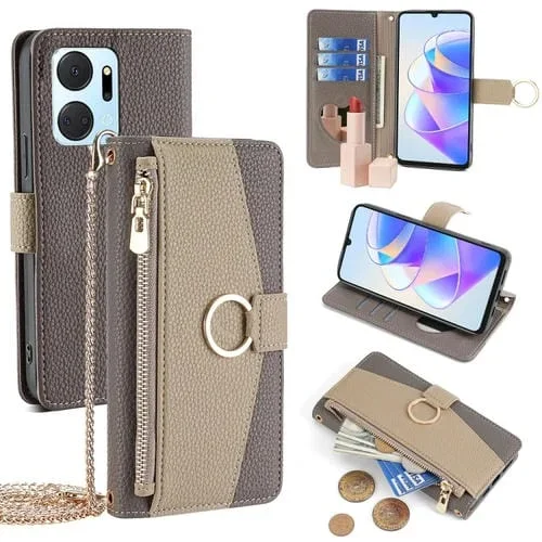 Funda para Teléfono Honor X7A Cuero Textura Litchi Cruzada (Gris)