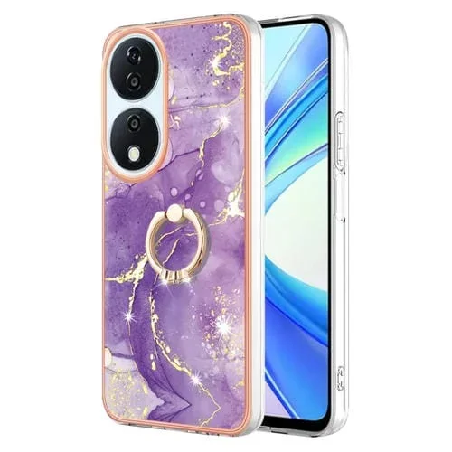 Funda para Teléfono Honor X7B 4G/5G con Soporte Anillo Revestimiento Mármol TPU (Púrpura)