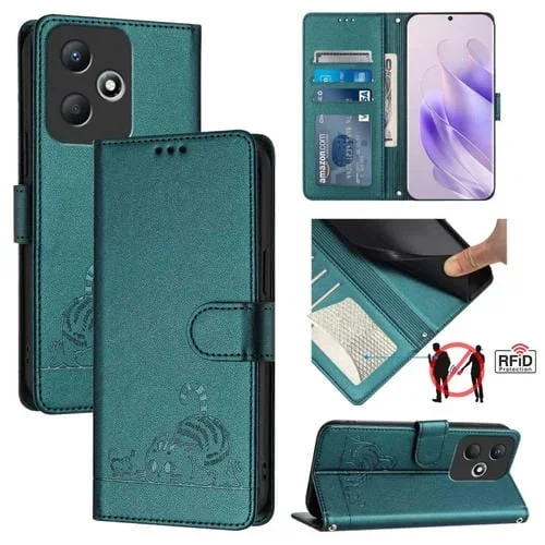 Funda para Teléfono Infinix Hot 30 Play Cuero RFID con Patrón en Relieve y Cordón (Verde Pavo Real)