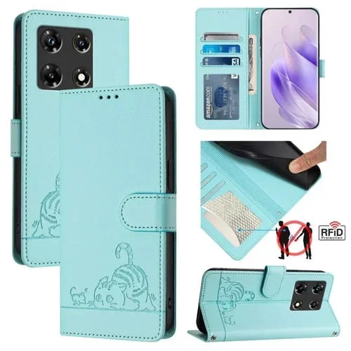 Funda para Teléfono Infinix Note 30 Pro X678B Cuero RFID Patrón Rata y Gato con Cordón (Verde Menta)