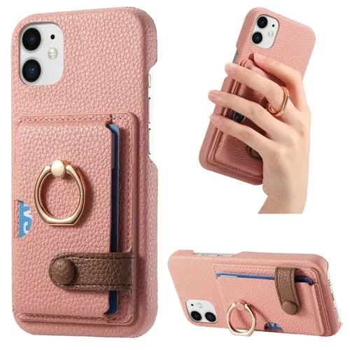 Funda para Teléfono iPhone 11 Borde de Aceite de Cuero Litchi con Anillo y Tarjeta (Rosa)