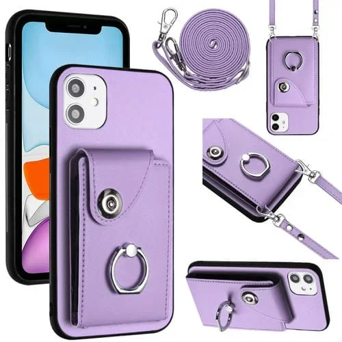 Funda para Teléfono iPhone 11 con Soporte para Anillo y Bolsa para Tarjeta con Cordón Largo (Púrpura)