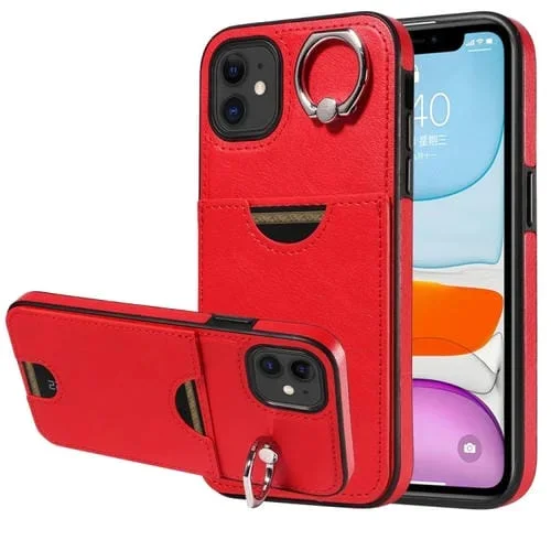 Funda para Teléfono iPhone 11 con Soporte para Anillo y Ranura para Tarjeta Textura de Becerro (Rojo)