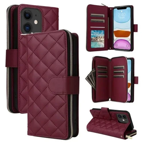Funda para Teléfono iPhone 11 Cuero con Hebilla de Torre y Cremallera Rombal Cruzada con Cordón (Rojo Vino)