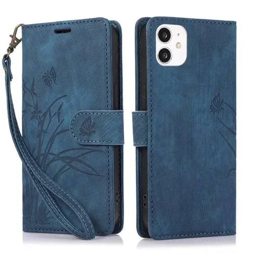 Funda para Teléfono iPhone 11 Cuero con Relieve Mariposa Orquídea (Azul)