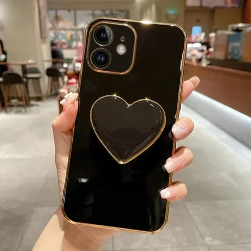 Funda para teléfono iPhone 11 Love Heart Holder Galvanoplastia TPU (Negro)