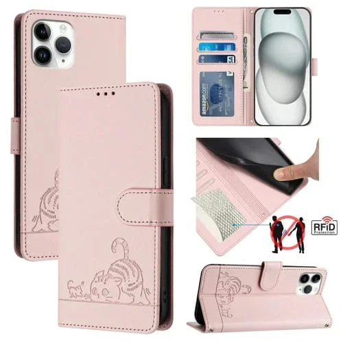 Funda para Teléfono iPhone 11 Pro Cat Rat Cuero Rfid Patrón En Relieve Cordón (Rosa)