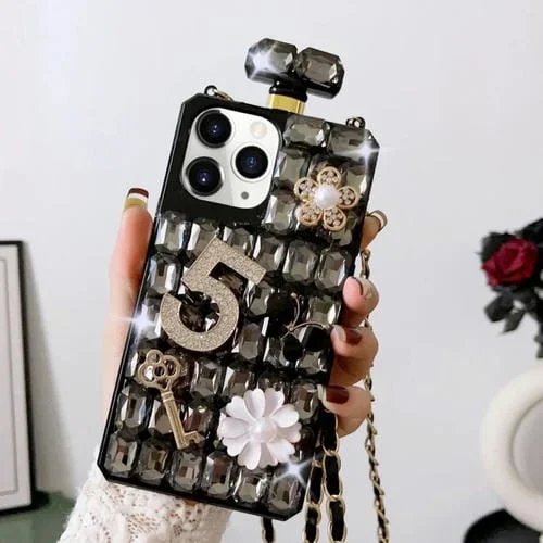 Funda para teléfono iPhone 11 Pro con Botella de Perfume Cruzada Hecha a Mano con Incrustaciones de Diamantes para PC (Negro)