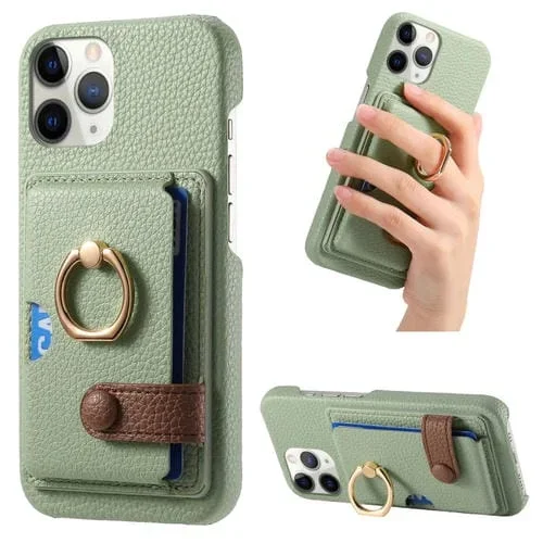 Funda para Teléfono iPhone 11 Pro con Parte Posterior de Tarjeta y Anillo de Borde de Aceite de Cuero Litchi (Verde Té)