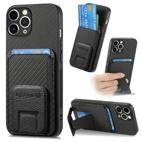 Funda para Teléfono iPhone 11 Pro con Soporte Plegable y Bolsa para Tarjetas Fibra de Carbono (Negro)