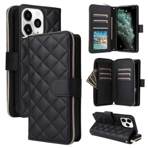 Funda para Teléfono iPhone 11 Pro Cuero Hebilla Torre Cremallera Rombal Cruzada con Cordón (Negro)