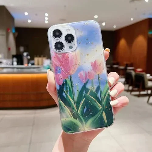 Funda para teléfono iPhone 11 Pro Gold Foil Pintura al Óleo Epoxi TPU (Tulipanes Rosados5)
