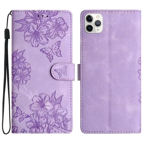 Funda para teléfono iPhone 11 Pro Max Cherry Blossom Butterfly Skin Feel de PU en relieve (Púrpura)