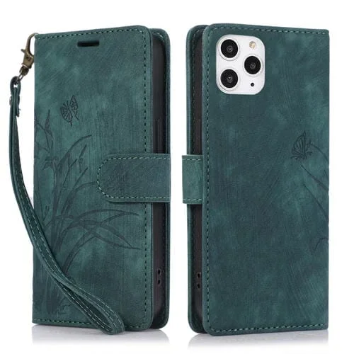 Funda para Teléfono iPhone 11 Pro Max Cuero Relieve Mariposa Orquídea (Verde)
