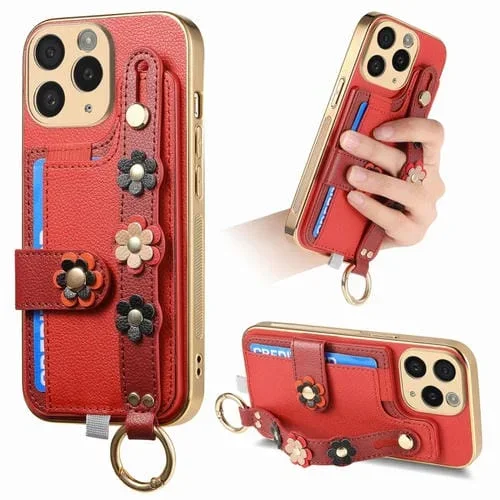 Funda para Teléfono iPhone 11 Pro Max Flores Estereoscópicas con Pulsera y Bolsa para Tarjetas (Rojo)