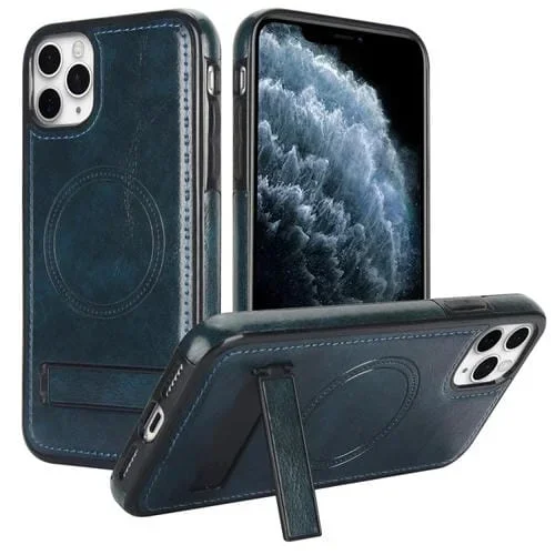 Funda para Teléfono iPhone 11 Pro Max Magsafe Soporte Invisible Cuero Retro (Azul)