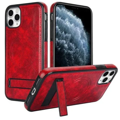 Funda para Teléfono iPhone 11 Pro Max Magsafe Soporte Invisible Cuero Retro (Rojo)