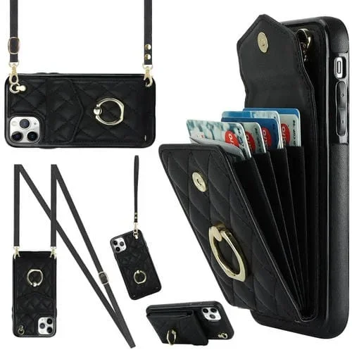 Funda para Teléfono iPhone 11 Pro Max Rhombic Texture Card Bag con Cordón Largo (Negro)