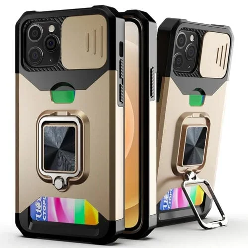 Funda para Teléfono iPhone 11 Pro Max Sliding Camshield Ranura para Tarjeta Anillo Kickstand (Oro)