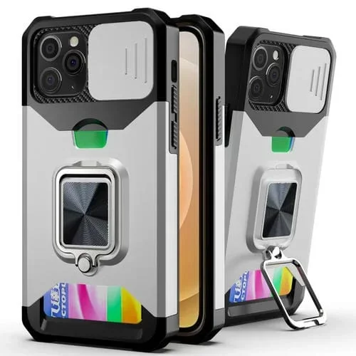 Funda para Teléfono iPhone 11 Pro Max Sliding Camshield Ranura para Tarjeta Anillo Kickstand (Plata)