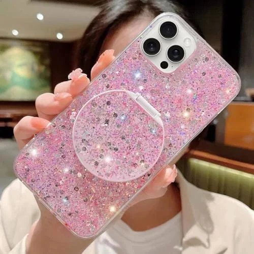 Funda para Teléfono iPhone 11 Pro Max TPU Epoxi con Espejo Redondo y Lentejuelas Estrelladas (Rosa)