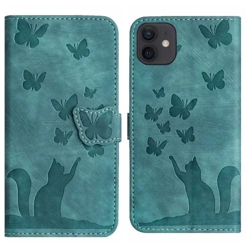 Funda para Teléfono iPhone 12/12 Pro Butterfly Cat Cuero con Tapa en Relieve (Wathet)
