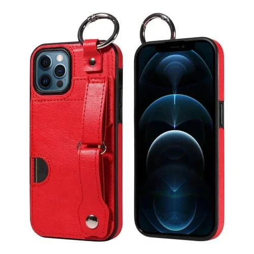 Funda para Teléfono iPhone 12/12 Pro con Anillo y Ranura para Tarjeta con Textura de Pantorrilla (Rojo)