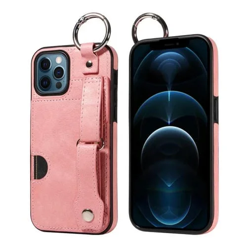 Funda para Teléfono iPhone 12/12 Pro con Anillo y Ranura para Tarjeta de Muñeca (Rosa)