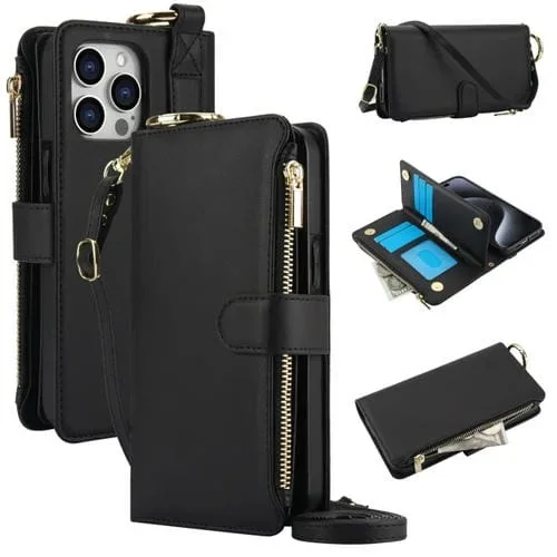 Funda para Teléfono iPhone 12/12 Pro Cuero con Billetera Multifuncional y Anillo Cruzado (Negro)