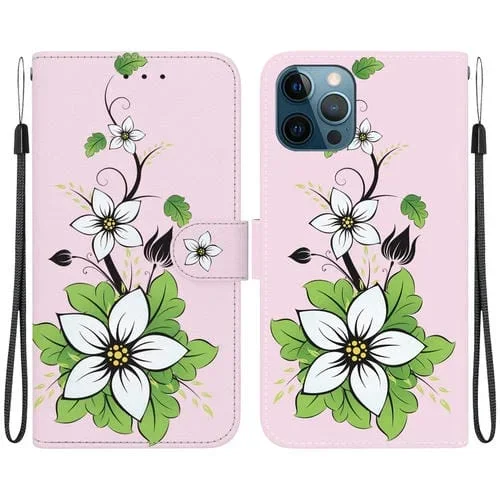 Funda para Teléfono iPhone 12/12 Pro Cuero Dibujo Coloreado Textura de Cristal (Lirio)