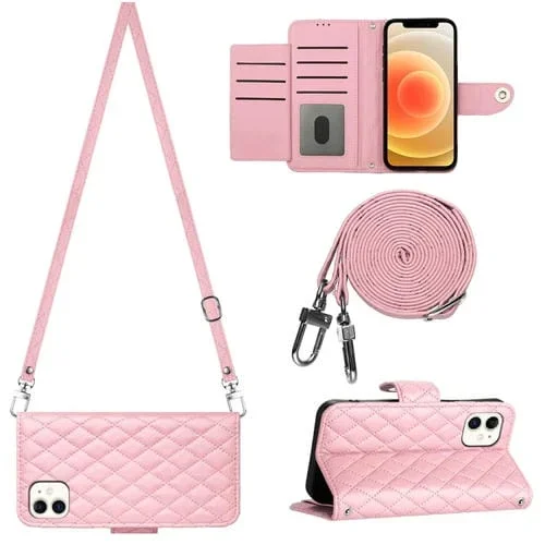 Funda para Teléfono iPhone 12/12 Pro Cuero Textura Rómbica con Tapa y Cordón Largo (Rosa)