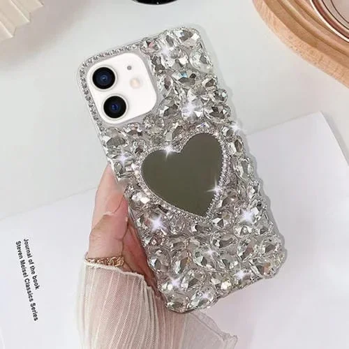 Funda para Teléfono iPhone 12 con Diamantes de Imitación Brillantes Hecha a Mano con Espejo (Gris Plateado)