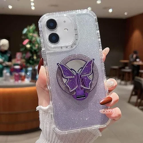 Funda para Teléfono iPhone 12 con Soporte de Mariposa y Espejo Purpurina Magsafe (Morado)